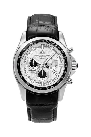 Leren Quartz Horloge Volcan - Chronograaf en Tachymeter - Zwart en Zilverkleurig