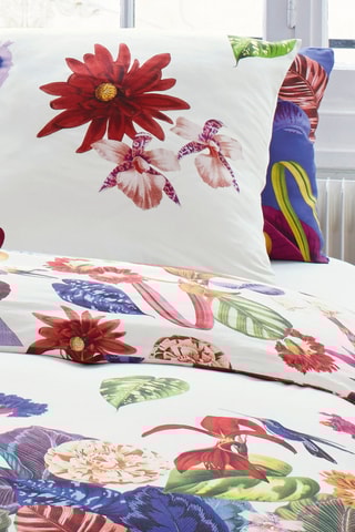 Juego de nórdico de satén de algodón 80 hilos/cm² Jardin Tropical - Blanco y rojo