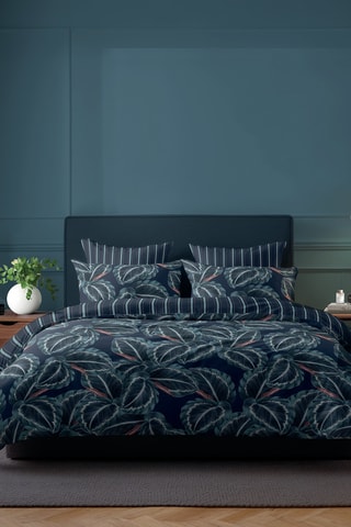 Juego de nórdico de satén de algodón 80 hilos/cm² Calathea - Azul noche y verde oscuro