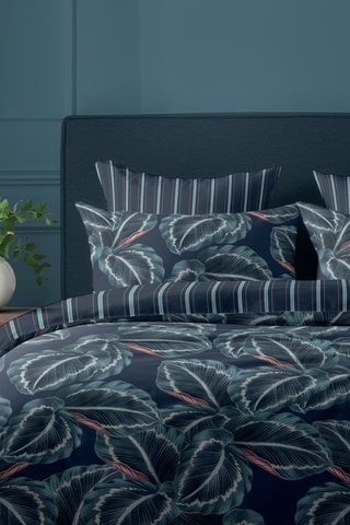 Juego de nórdico de satén de algodón 80 hilos/cm² Calathea - Azul noche y verde oscuro