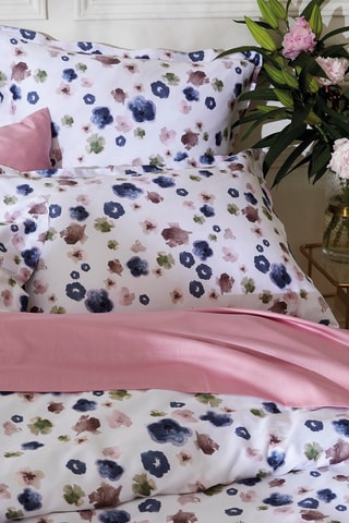 Juego de nórdico de satén de algodón 80 hilos/cm² Exotique Flower - Blanco y azul cobalto