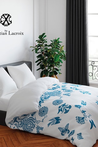 Juego de nórdico de satén de algodón 80 hilos/cm² Love Stories - Blanco e índigo