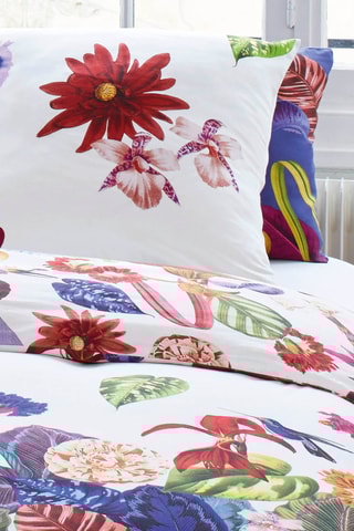 Juego de nórdico de satén de algodón 80 hilos/cm² Jardin Tropical - Blanco y rojo