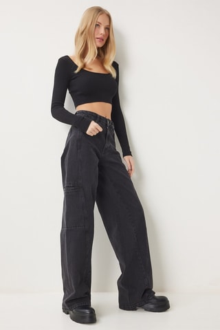 Jean cargo taille haute - Noir