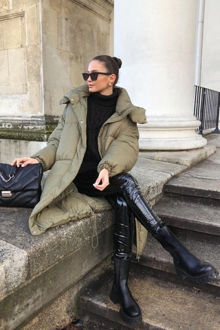 Doudoune longue à capuche - Kaki