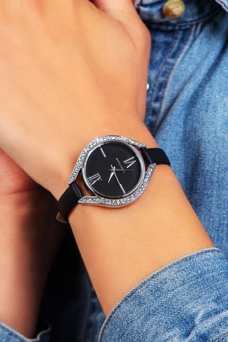 Relógio de quartzo em couro - Preto e prateado