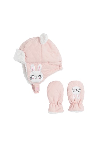 Bonnet aviateur et moufles Rose et blanc