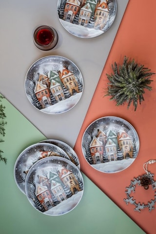 6 pratos rasos em porcelana Winter Village - 21 cm