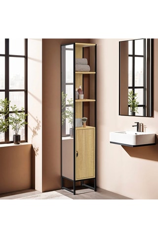 Coluna de casa de banho 1 porta com espelho - Imitação madeira e preto