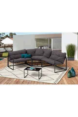 Conjunto de jardim Tropéa 6 lugares em aço com almofadas cinzentas