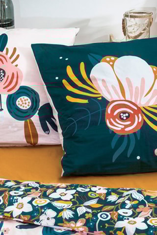 Parure de couette en coton 57 fils/cm² Champêtre - Rose et bleu canard