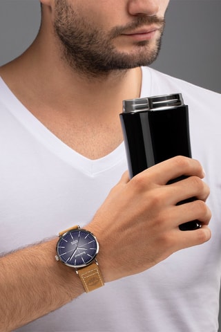 Reloj de cuarzo de piel Rangeley - Camel y plateado