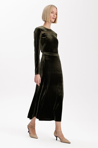 Saia midi em veludo de cintura alta - Caqui