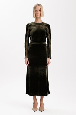 Saia midi em veludo de cintura alta - Caqui