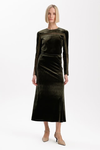 Saia midi em veludo de cintura alta - Caqui