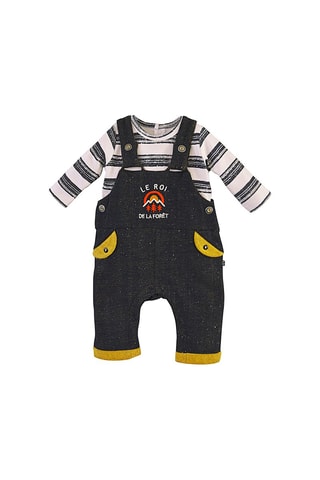 T-shirt e jardineiras Cru e antracite mesclado - Branco, amarelo, laranja e cinzento