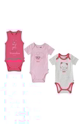 3 bodies em algodão biológico Fúcsia, rosa-claro e branco - Branco, bege, violeta e rosa