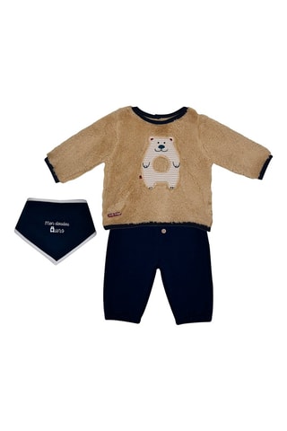 Calças, t-shirt e babete bandana - Bege e azul-marinho - Bege e azul