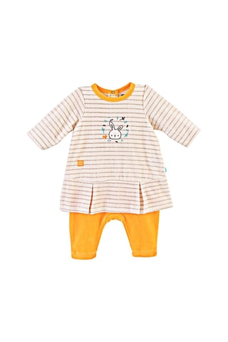 Macacão-vestido em algodão biológico Bege e mostarda - Branco, bege, azul e amarelo