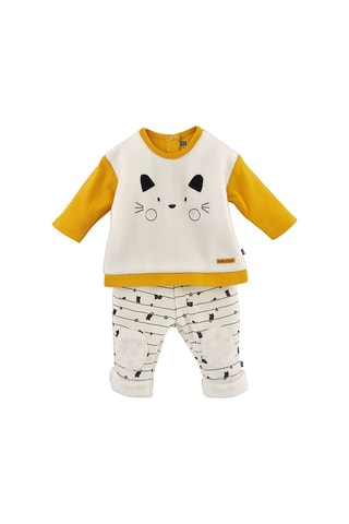 T-shirt e calças Cru e mostarda - Branco, preto e amarelo