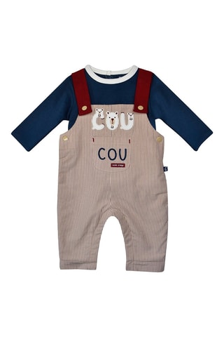 Jardineiras e t-shirt Azul-marinho e bege - Branco, bege, vermelho e azul