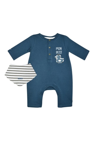 Macacão e babete - Azul e branco - Azul