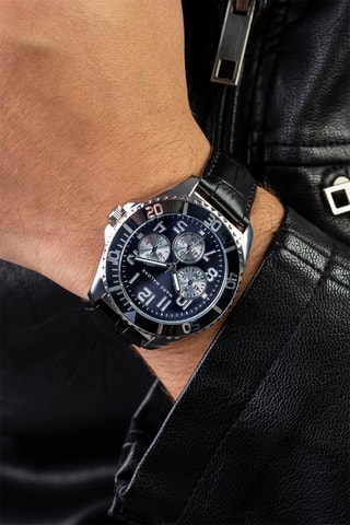 Leren Quartz Horloge - Zwart, Zilverkleurig en Blauw