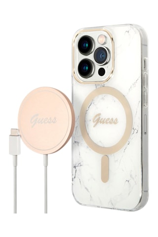 Set caricabatteria 15W Magsafe + Cover Magsafe Marmo Bianco per iPhone 14 Pro Max - Guess