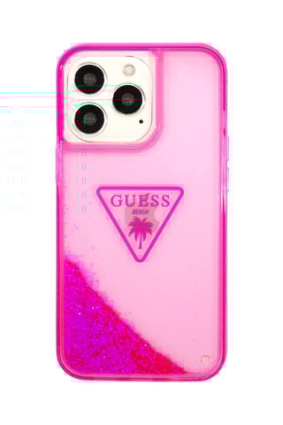 Cover Glitter Palm con glitter galleggianti per iPhone 14 Pro Max - Rosa translucido - Guess