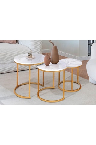 3 tavolini rotondi Glam - Effetto marmo e dorato 