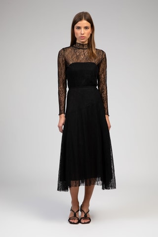 Falda midi de encaje de talle alto - Negro