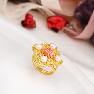 Anillo ajustable - Latón chapado en oro, variscitas y perla