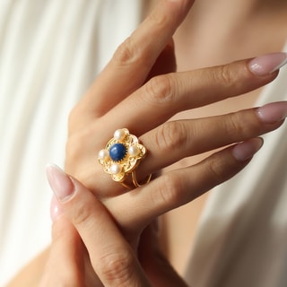 Anillo ajustable - Latón chapado en oro, variscitas y perla