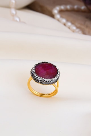 Anillo - Chapado en oro amarillo y rodonita 