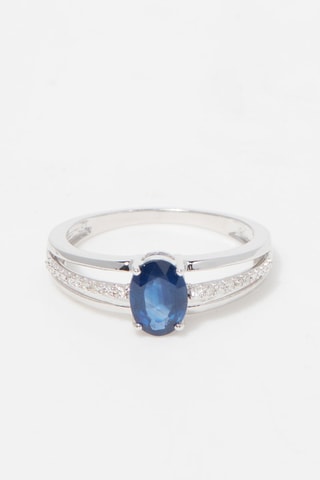 Anillo Solitaire Tria - Oro blanco, diamantes y zafiro