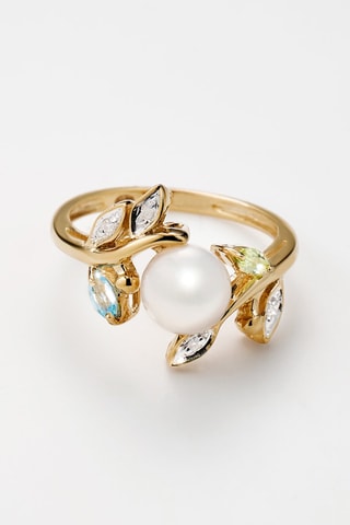 Anillo Tosca - Oro amarillo, diamantes, prehnita, topacio y perla cultivada