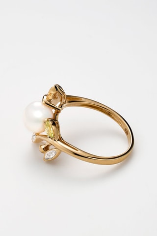 Anillo Tosca - Oro amarillo, diamantes, prehnita, topacio y perla cultivada