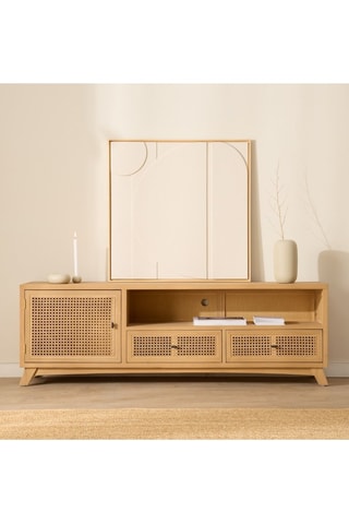 Mueble de TV de 1 puerta de madera de Sungkai y ratán - 170 x 56,6 x 40 cm