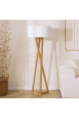 Lámpara trípode de madera de Sungkai maciza - Natural y blanco - 11 W