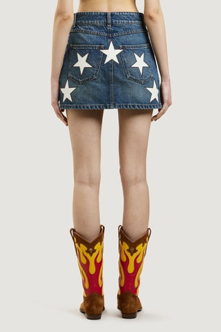 Jupe droite en jean et cuir - Bleu