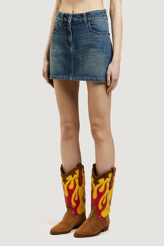 Jupe droite en jean et cuir - Bleu