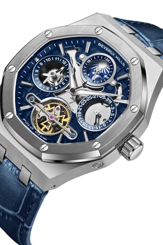 Relógio automático de couro - Contador fases da lua - Azul e prateado