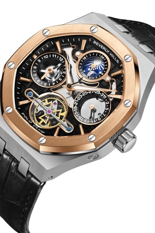 Relógio automático de couro e folheado a ouro rosa - Contador fases da lua