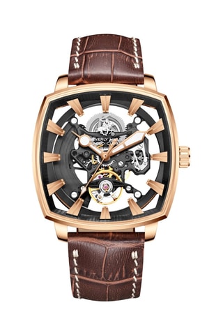 Relógio automático de couro e banhado a ouro rosa