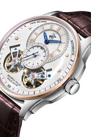 Relógio automático em couro, banhado ouro rosa e cerâmica