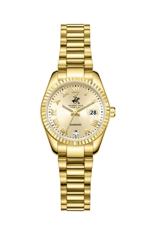 Montre à quartz en métal, plaqué ion or jaune, céramique et diamant