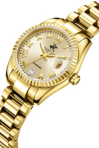 Montre à quartz en métal, plaqué ion or jaune, céramique et diamant