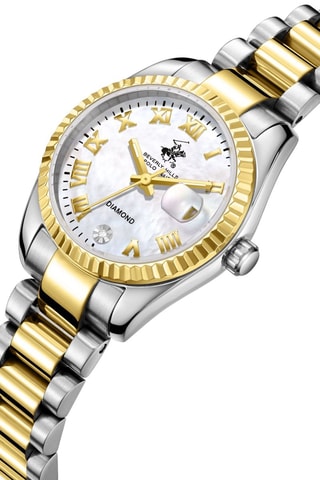 Relógio de quartzo em metal, banhado ouro amarelo, cerâmica e diamante