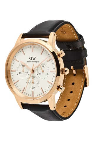 Reloj de cuarzo de piel verdadera - Cronógrafo - Negro y dorado