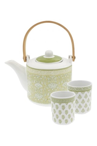 2 tazze e 1 teiera in porcellana e legno Soliman